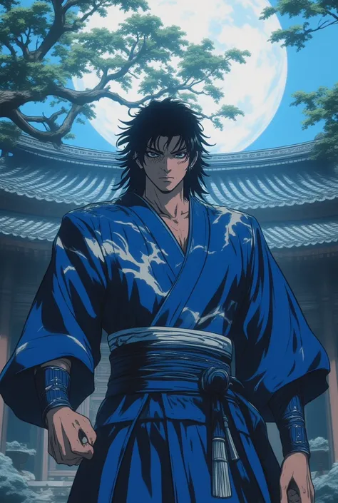 Create a Taoist he is the leader of the Murim Alliance,  uniform with long black hair,  black eyes, wear a blue robe with white details, he is 30 years old, He is very muscular and handsome 