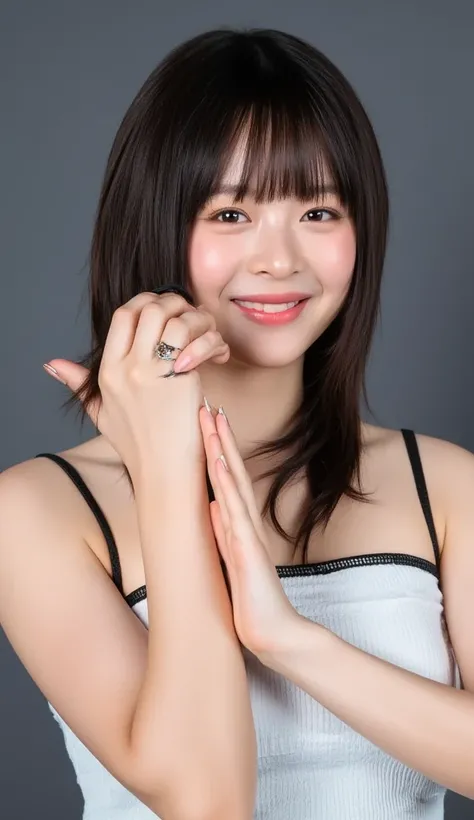  Super Fine、An upshot of her face、She has a smile showing her teeth, wears a camisole, and poses with her hands in the shape of a heart in front of her chest、The background is plain、  high image quality、細部にわたって high image quality