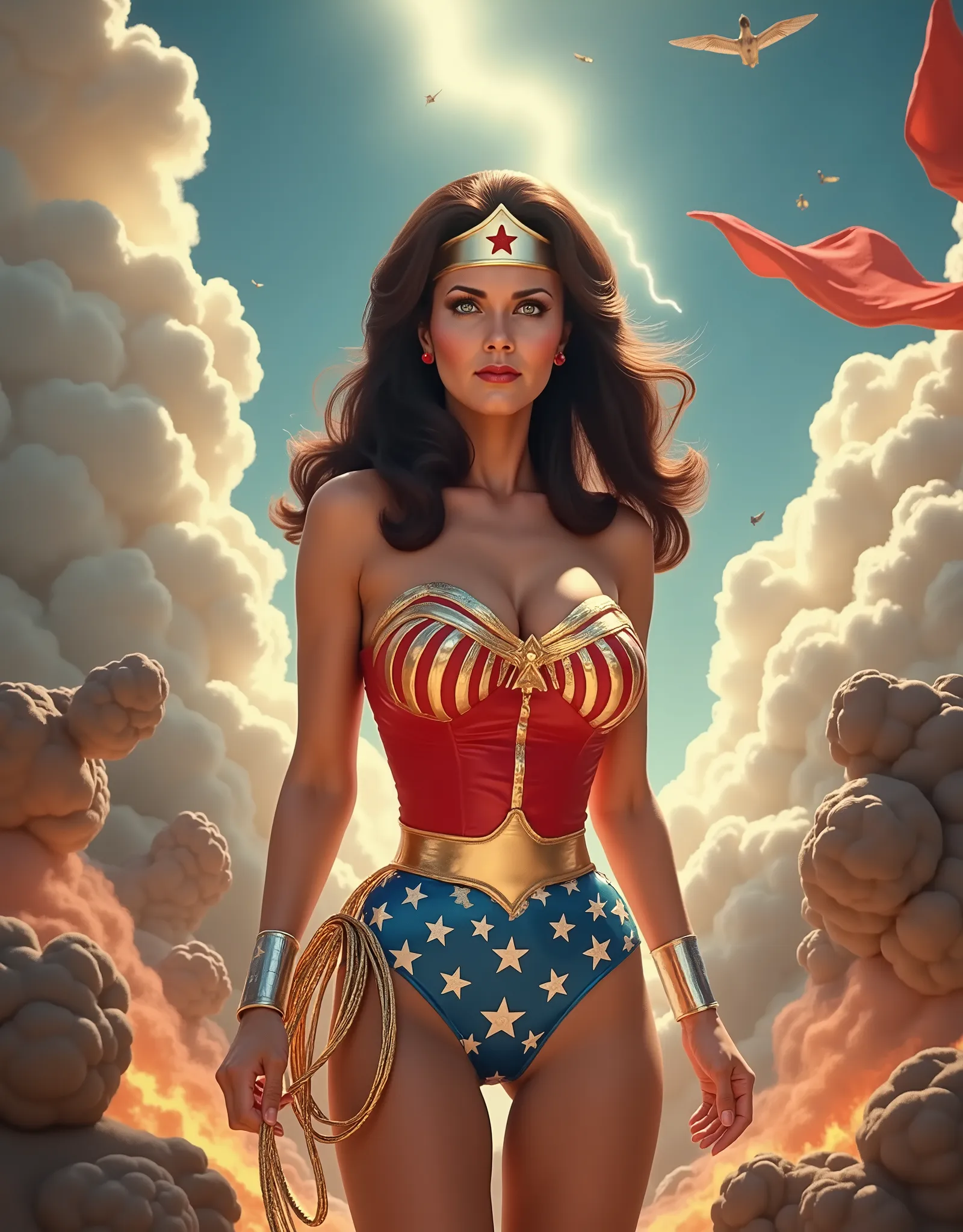 (HELPLESS PERIL SCENE) (COMIC BOOK STYLE) A SEXY LYNDA CARTER AS THE ICONIC 1960 WONDER WOMAN, WEARING A LATEX WONDER WOMAN COSTUME, LATEX PATRIOTIC BLUE SKIRT. A TRI-COLOR PATRIOTIC WONDER WOMAN CAPE. HER GOLDEN LASSO ATTACHED TO THE SIDE OF HER HIP. CRYS...