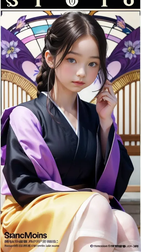 Emma Myers,  highest quality, 1 girl, Alone, black hair,  (Simple Space ：2), (( art nouveau style poster)),  viewers, Intense Perspectives , Big Breasts、 purple kimono、 Japanese kimono、 mid-length bangs、 long hair with braids、