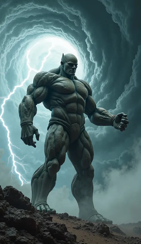 A colossal humanoid man stands firmly, being wore half pant on the ground, his muscular body carved from stone and earth, as he touches a monstrous hurricane swirling before him. The massive storm, with towering spirals of dark clouds and flashes of lightn...