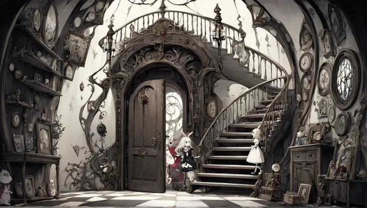     Tim Burton's Style、secret door、Long staircase。A person who is a rabbit、Alice、