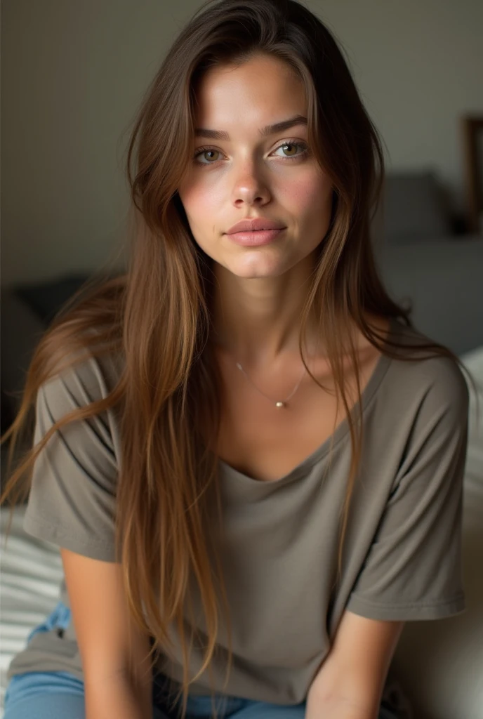  A model with long, straight hair , light brown in color,  fair skin and natural appearance .  She's wearing a casual outfit ,  like a simple t-shirt and comfortable jeans . The model is at home ,  in a quiet and cozy environment ,  maybe on a couch or cha...