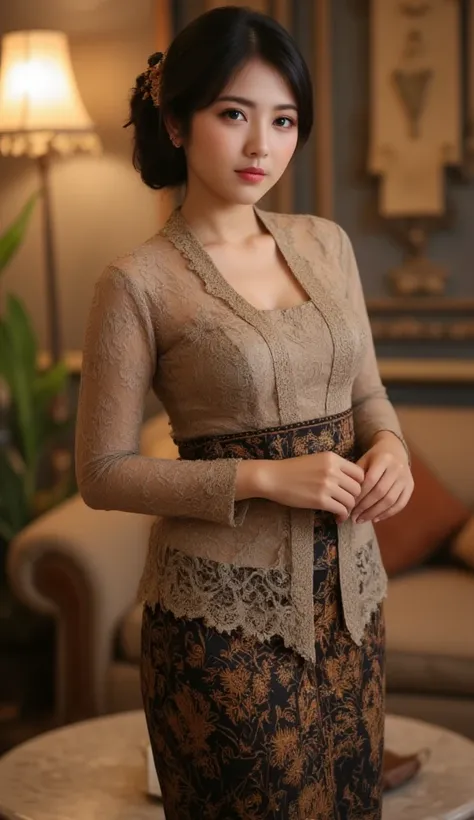 (RAW Photo), (Full shot, Full Body, Side View Focus), (Asian Adult Female, Simple Makeup), (Black Hair, Hair Bun, Hime Bangs), (Natural White Skin, Body Is Quite Fat, Medium Breasts, One-person), (Indonesia Kebaya Dress: Light Brown-Dark Gray Indonesian Ke...