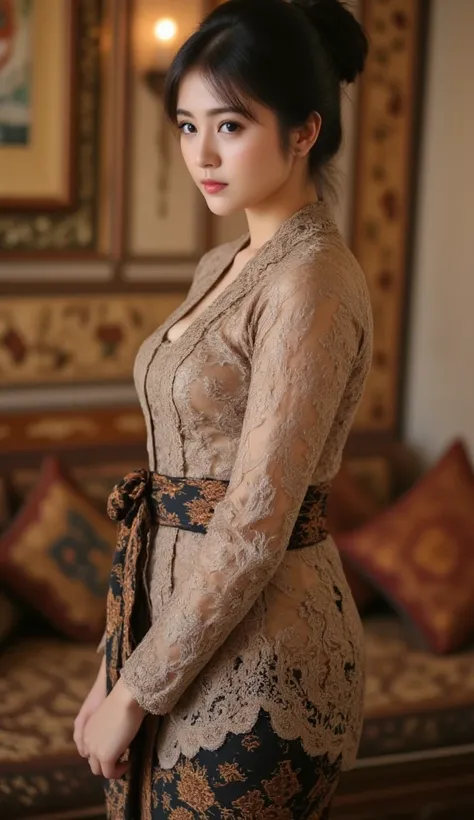 (RAW Photo), (Full shot, Full Body, Side View Focus), (Asian Adult Female, Simple Makeup), (Black Hair, Hair Bun, Hime Bangs), (Natural White Skin, Body Is Quite Fat, Medium Breasts, One-person), (Indonesia Kebaya Dress: Light Brown-Dark Gray Indonesian Ke...