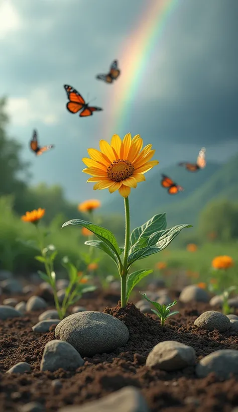  A flowery garden growing amidst rocks and dry dirt,  symbolizing growth and learning .  Colorful butterflies fly around ,  representing transformation and evolution . In the background, a rainbow appears after a storm , Transmitting hope and renewal.