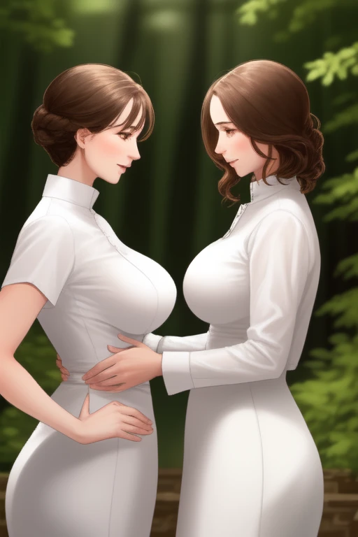  mother and daughter side by side . The mother is taller ,  has brown hair and a curved body with big breasts.  The daughter is slightly smaller with the same features as the mother .  both wear white clothes .  they are slim and hot 