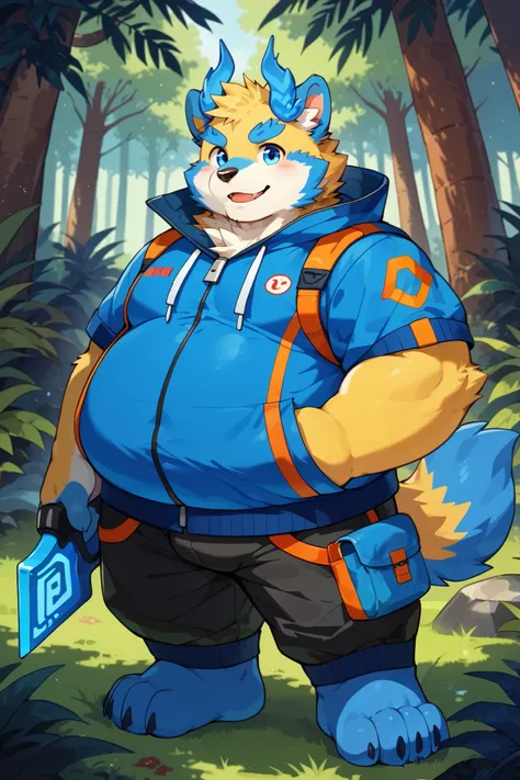 score_9,solo,furry,botailang,overweight , ,male,blue hand,blue foot,tail,overweight, full body,, Exquisite eyes,stand,explorer,adventure,tropical rain forest,yellow fur,Flat coating,penis,big ball