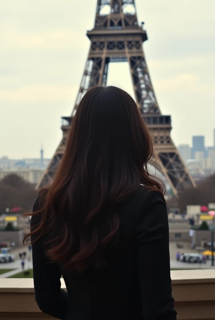 With long hair, does an Italian woman in front of the Eiffel Tower but from behind 