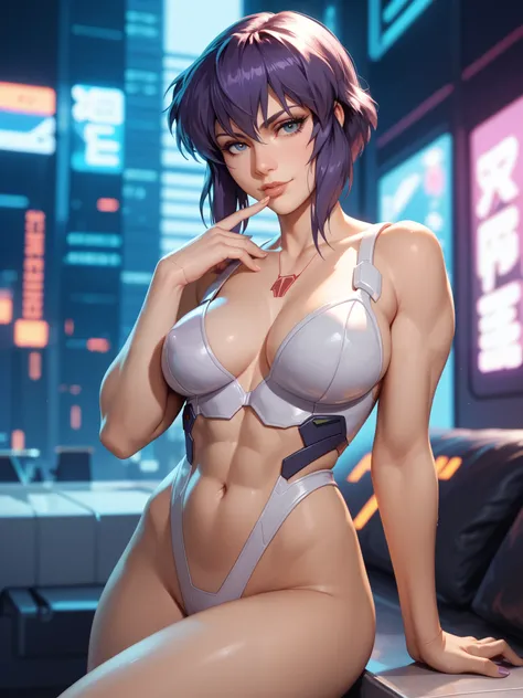 Ghost in the Shell, Motoko Kusanagi, perfect body, cyberpunk background, sexy, seductive, high detail, masterpiece.