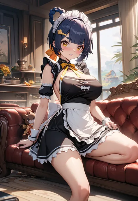 8k, masterpiece, best quality, ultra detailed, Ultra-high resolution, Highly detailed CG, break, 1girl, Xiangling\(genshin impact\), kawaii, nsfw, big breasts, slender, (maid clothes:1.2), full body, indoors, sitting on sofa
