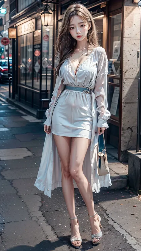 a beautiful young Japanese woman, 24 years old, with healthy thighs, beautiful legs, flawless skin, random hair color and hairstyle, large breasts, a hostess wearing a hostess dress, high heels, (she is standing:1.2), full body shot, holding a purse in one...