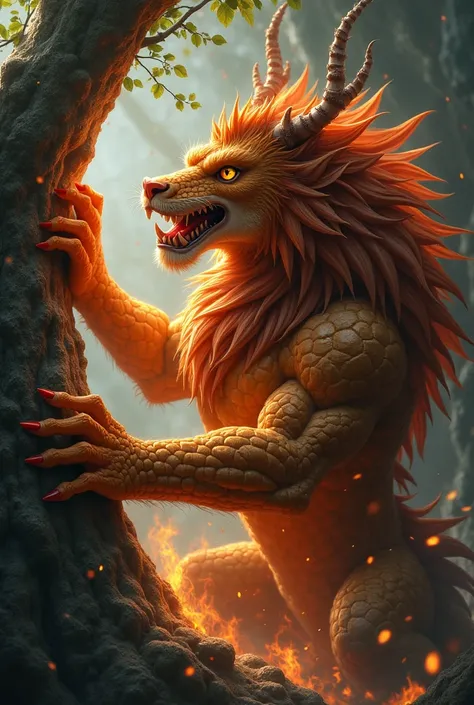 make a dragon kind of animal that also looks similar to a lion with a very fantasy kind of background with a cave behind the animal whilst he is griping on to a tree and make it breathe fire in the picture with sharp claws griping the tree