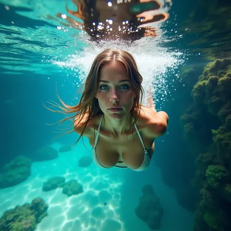 highest quality, very high angle, view from below of a beautiful 24 yo Danish sexy girl swimming breaststroke underwater in a blue lagoon, micro bikini, wet, super sexy,  big breasts, light brown wet brunette hair, green eyes, beautiful underwater scenery ...