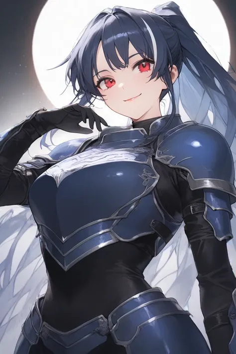 look straight ahead,woman,adult,double eyelids,small nose,lip gloss,ponytail,has bangs,confident look,smile face,blue leather armor,no background,red eyes,blue hair,left hand on waist,larger head,white streaked hair,full length