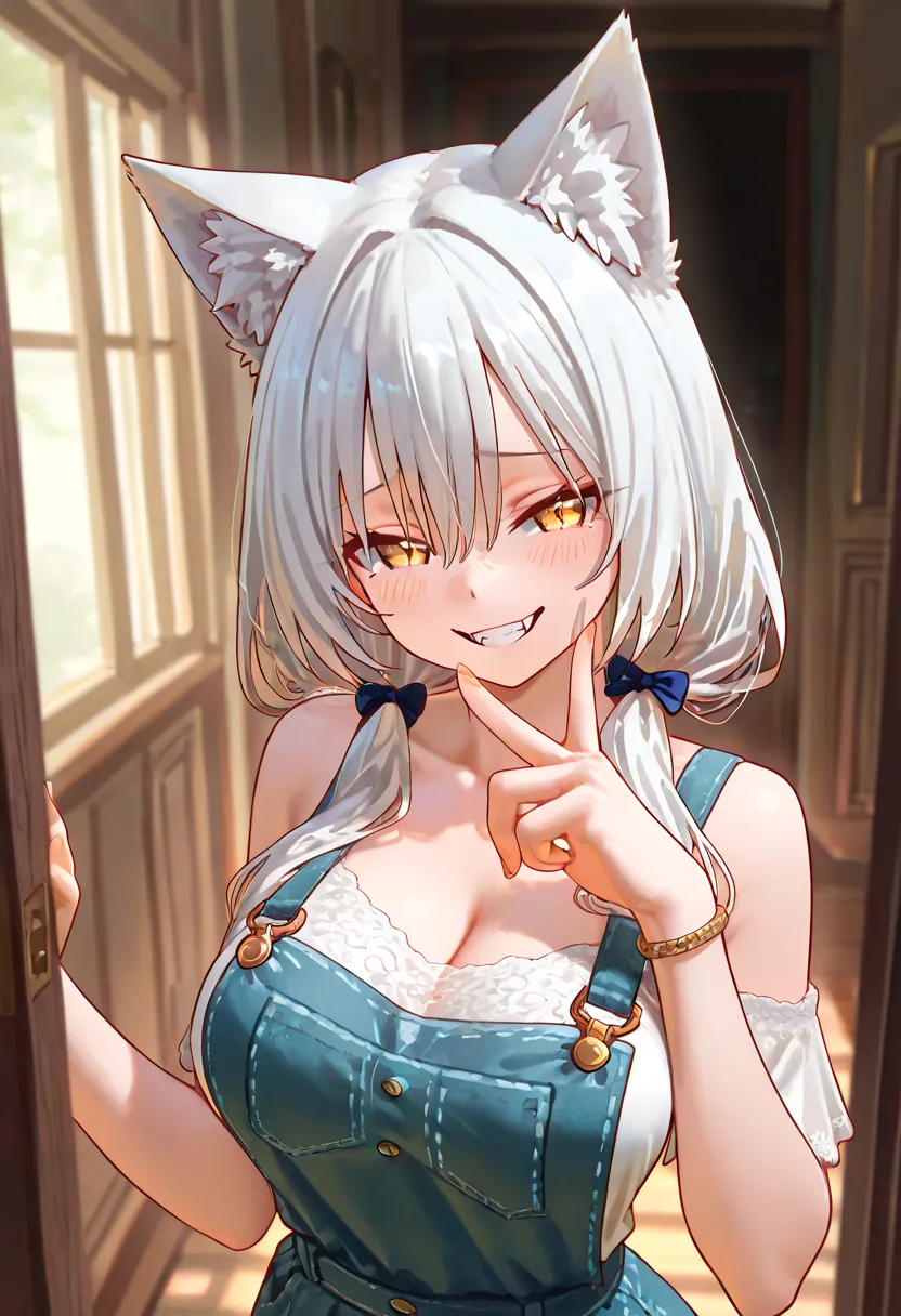 Character Overview:
A young, lively woman with anthropomorphic feline traits, possessing an alluring and playful charm. Her distinctive cat-like attributes include sharp ears, visible small fangs, and striking golden eyes, all of which radiate a mischievou...