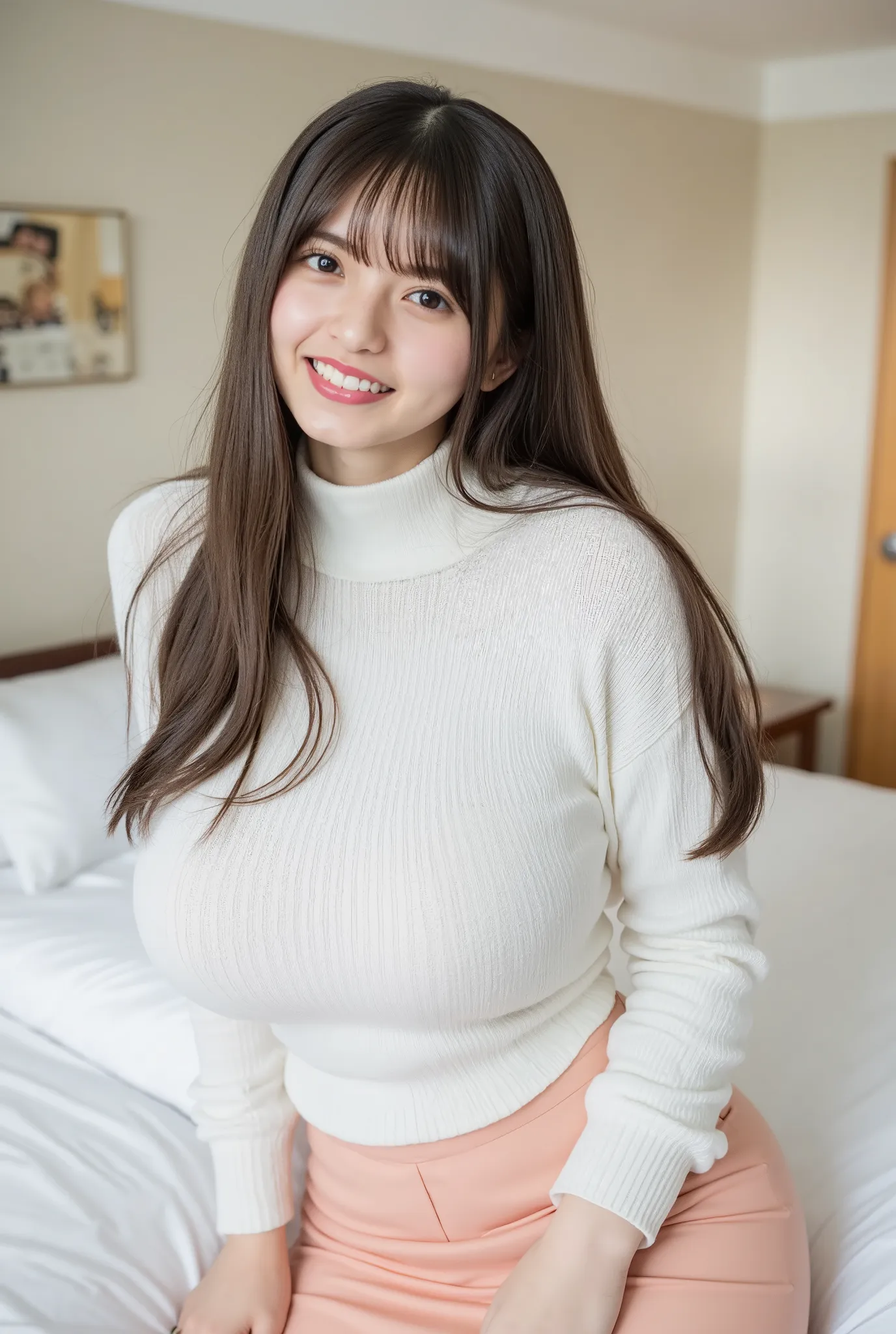   wearing a white high neck knit sweater 、I'm wearing clothes that clearly show my chest size 、     hide your thighs with a peach colored skirt  、(((((                girl:2.86))))),(                 Masterpiece,                 TOP QUALITY:1.9),8k,       ...