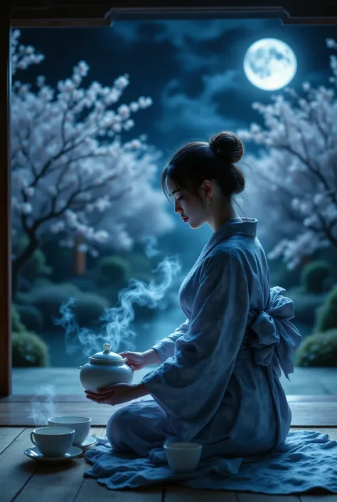 **{{A ((serene and ethereal)) depiction of {a traditional Japanese tea ceremony under a full moon}}} with {a graceful woman in a flowing silk kimono, carefully pouring tea into delicate porcelain cups}. This is a {highly detailed, photorealistic}-inspired ...