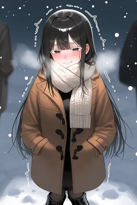  holding arms with a man、 cute、snot、 I'm squinting、A cold look、Frightened Eyes、Big coat、swelling、Layering、 straight long hair、 adult woman、 black hair、White eyelashes、Face coverings、 multi-layered scarf、 Warm Winter Coats、 It's snowing、 Add trembling lines...