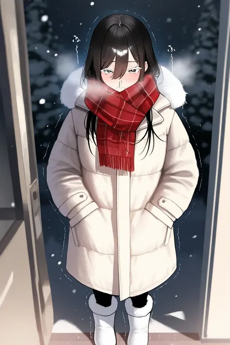  holding arms with a man、 cute、snot、 I'm squinting、A cold look、Frightened Eyes、Big coat、swelling、Layering、 straight long hair、 adult woman、 black hair、White eyelashes、Face coverings、 multi-layered scarf、 Warm Winter Coats、 It's snowing、 Add trembling lines...