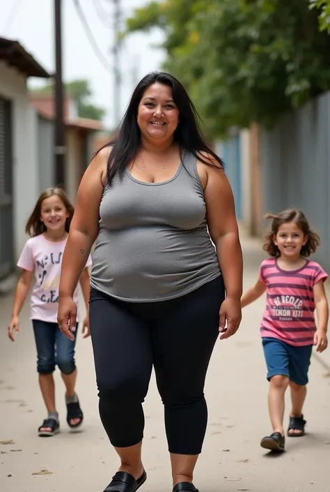 49-year-old saggy fat Argentinian woman, slightly careless and worn skin without makeup, your face already has a lot of wrinkles due to age and your lack of dermatological care, brown skin, straight and very long greasy and matted black hair,She wears a ve...