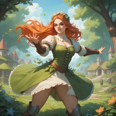 Gardener woman. Medieval rpg druyd. Long hair. Dynamic pose. Using plant powers. Druyd dryad.