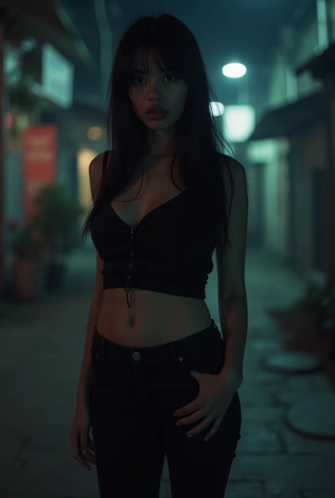  a 20-year-old girl,  of striking beauty and Western features, with straight dark hair and white skin ,  she stands out in a dangerous urban environment at nightfall .  Her figure is curvaceous ,  with wide hips and voluptuous breasts , highlighted by tigh...