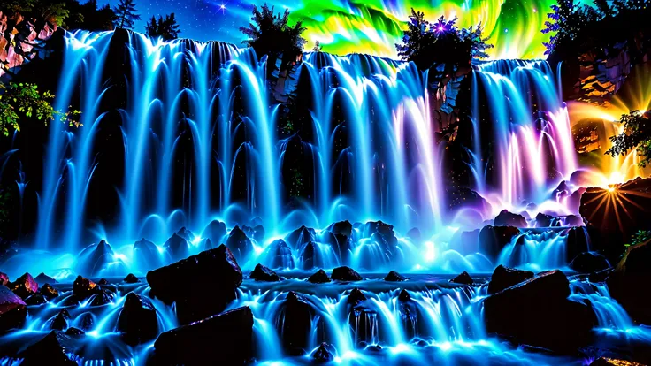 32K Resolution Masterpiece , highest quality , super detailed, Extremely high resolution 32K wallpaper , shot with a fisheye lens ,Many layers of waterfall flow , Scales like Niagara Falls, spectacular scale , cobalt blue luminescent waterfall,A bird's-...