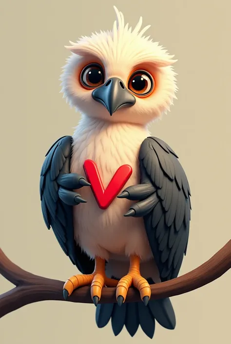  Hyperrealistic ,  8k resolution , 3D drawn ,  is cute like in classic cartoons and vulture image in an exaggerated cartoon style .  Vulture perched on a branch and holds a small 'v' between its paws using the feathers on the wingtips as if it were his fin...