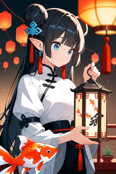   1girl  , Alone,  long hair ,  blue eyes , Black Hair, blue eyes kehijauan, happy ,  mouth closed , medium tits, Hair Bun,  double bun , horn ,blunt bangs,  viewing object  , looking at  lantern , holding  lantern ,bow down,  shirt , year , long sleeves, ...