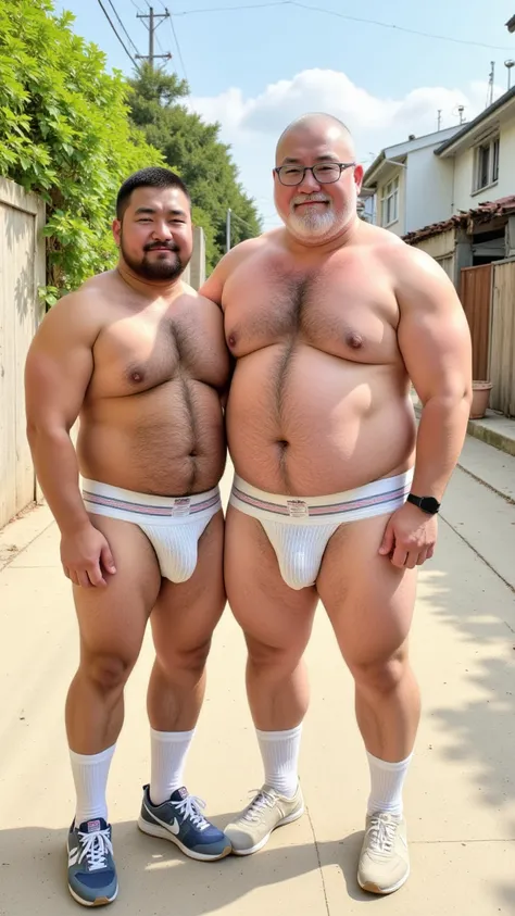  Gay Couple 、The Elderly and the Young、 fat man、Fat、fat、 Japanese、 Asian、 white socks、 sneakers、naked、Glasses、 jockstrap、Nipples、Body hair、summer、 Sandahama、sunlight、 super detailed、 anatomically correct、 high five