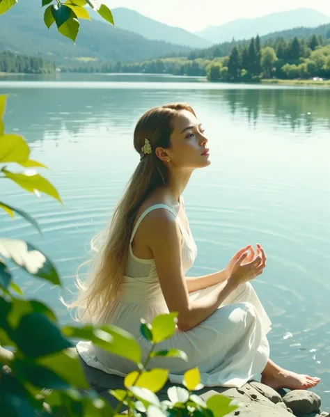 goddess、 cute、woman、live-action、 real 、lake、Healing、 relax、nature、8k