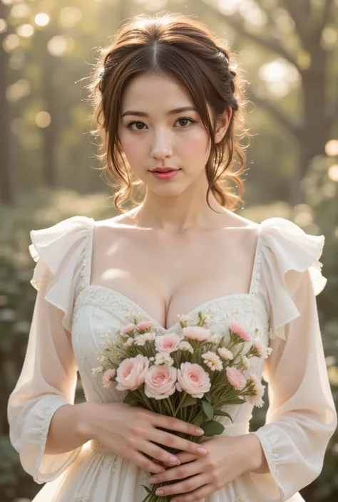 A captivating portrait of a lovely maiden, set against a soft focus dreamy backdrop. She stands resplendent in flowing white dress, bouquet of delicate flowers pressed to chest, petals gently caressing porcelain skin. Golden light softly illuminates her fa...