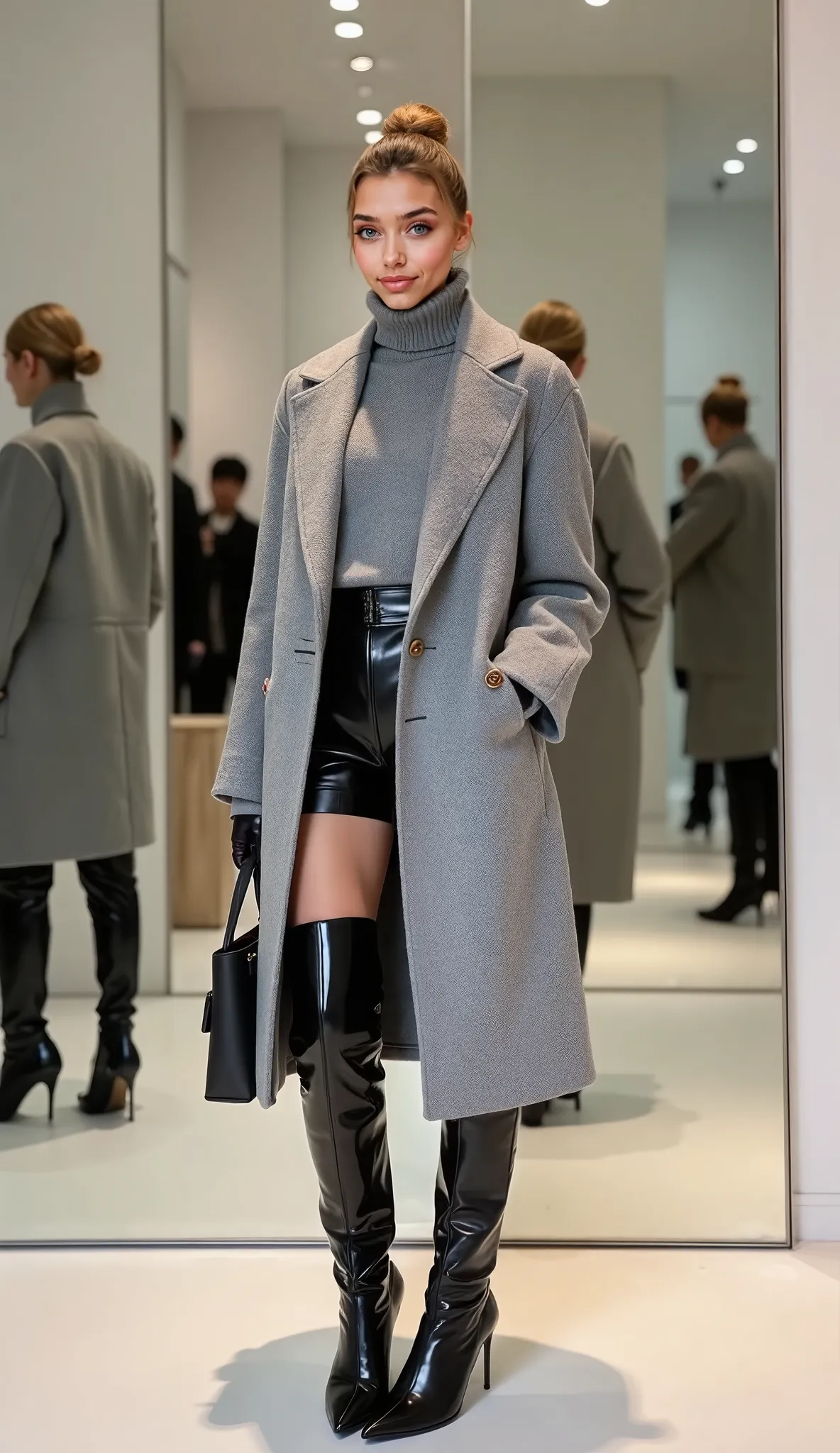 (((full body))), Beautiful (((Latina))) girl, ((( blond hair in sleek bun, without the front curls))), 20 years old, light tanned, with skin colored nails on fingers, ((looking at camera)), playful smiling, dressed in (((opened Zara grey SOFT OVERSIZED lon...