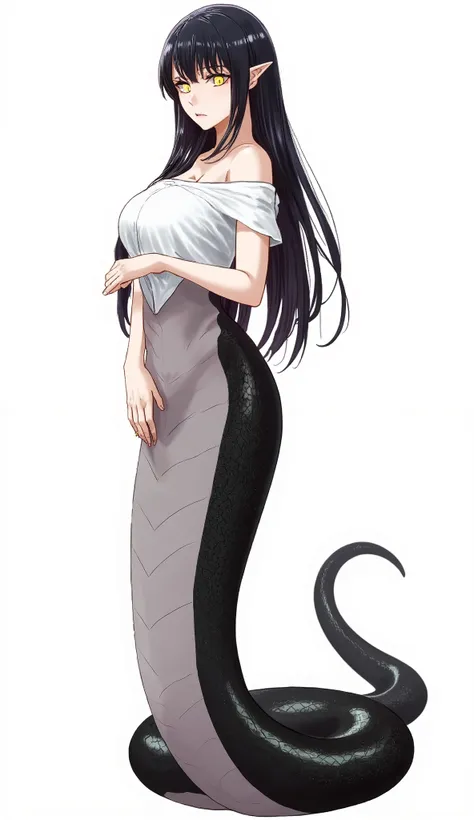 Snake Woman: A female character with a serpent-like lower body and a human upper body. She has long black hair cascading down her back, with her eyes glowing yellow and slit pupils. Her expression is calm, with a closed mouth, and she's looking directly at...