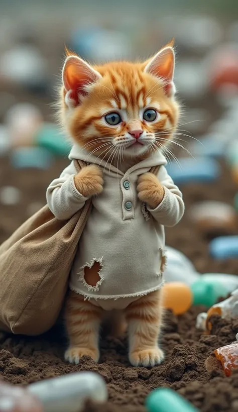 "A small, orange kitten with a sad and innocent expression, wearing a torn white shirt, standing in a landfill filled with plastic bottles and trash. The kitten is holding a large brown sack over its shoulder, filled with bottles and recyclables, creating ...