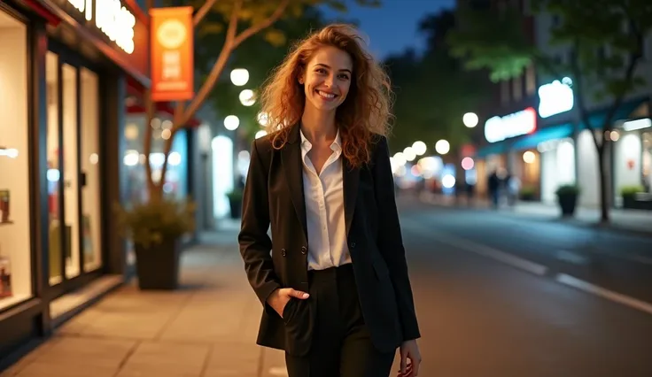 Scenery of a young woman returning home from work、 The setting is a city street corner at night, The soft night view casts playful shadows.  Her outfit is a stylish casual suit, The proof in the shopping room illuminates her in a fantastic way.  she has a ...