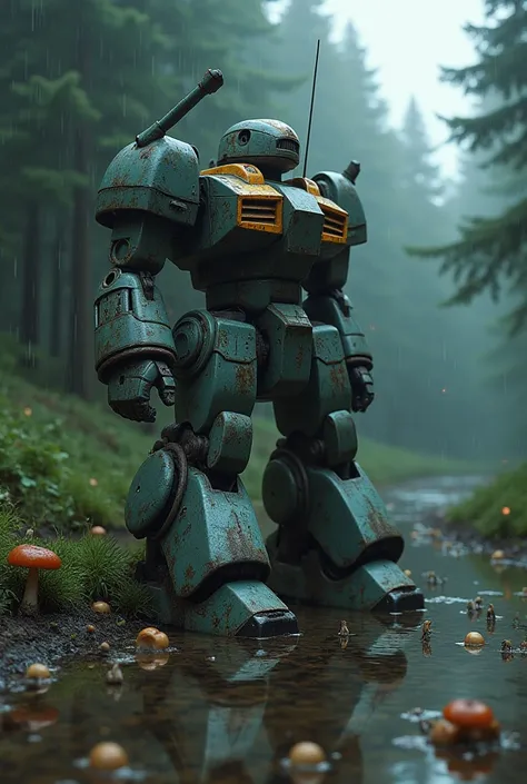 Old giant Gundam robot, lying broken in a puddle,one arm is broken,Many schools of frogs perched on it,Background of water and cave in misty pine forest,the atmosphere was dark, cloudy and the rain was very heavy,fireflies flying in all directions,lots of ...