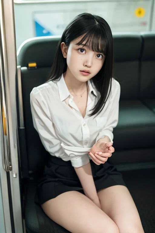  Masterpiece,  high resolution,  anatomically correct,  won numerous awards,  very detailed,  Tram、 Tramの中で、 is centered on a woman 、 black hair,  SHORTCUTS , chest, 大きなchest,  thin body、 sexy、student、 High School Uniforms、 miniskirt、 beautiful legs、 beaut...