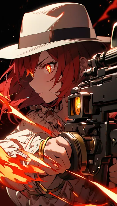 girl, female, solo, black and red hair, normal hair, glowing eyes, golden bracelet, fedora hat, beautiful color, high detail, sparkling eyes, cowboy blouse, ragged blouse, mature, aiming,red burning sniper, side view