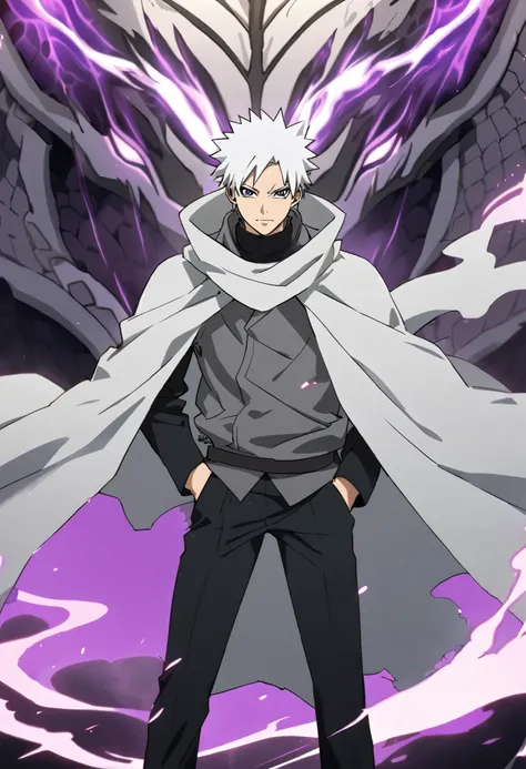 25 years old anime man with white hair, Wearing a Silver cloak, Standing in front of a dragon, With one hand in his pocket, And purple aura in a form of smoke emerging out of his body, Reincarnating Person, Alternate Naruto Universe