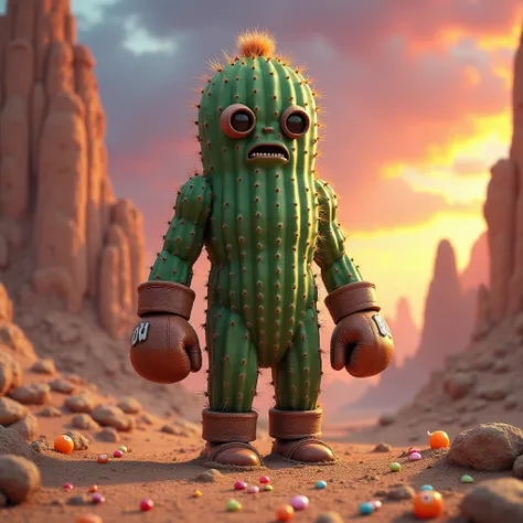 Humanoïde cactus avec des gants de boxe, visage d’humain homme, décor désert fantastique, des bonbons