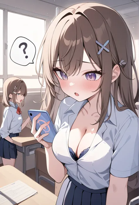 1girl, x-ray phone, pov hands, holding phone, smartphone, bra, cleavage, school uniform, shirts, classroom, medium breasts, bobcat, brown hair, hair pins, open mouth, question mark, masterpiece, best quality, amazing quality, very aesthetic, absurdres, new...