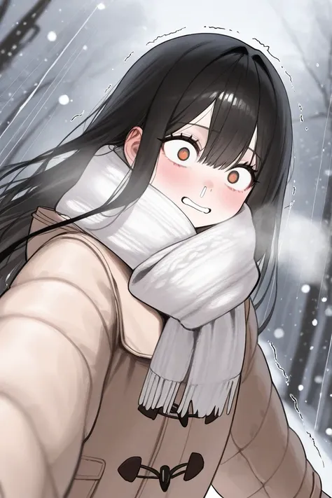  holding arms with a man、 oversized coat 、 straight long hair、 cute、Distorted mouth、snot、 beautiful eyes、A cold look、Frightened Eyes、Big coat、swelling、Layering、 adult woman、 black hair、White eyelashes、Face coverings、 multi-layered scarf、 Warm Winter Coats、...