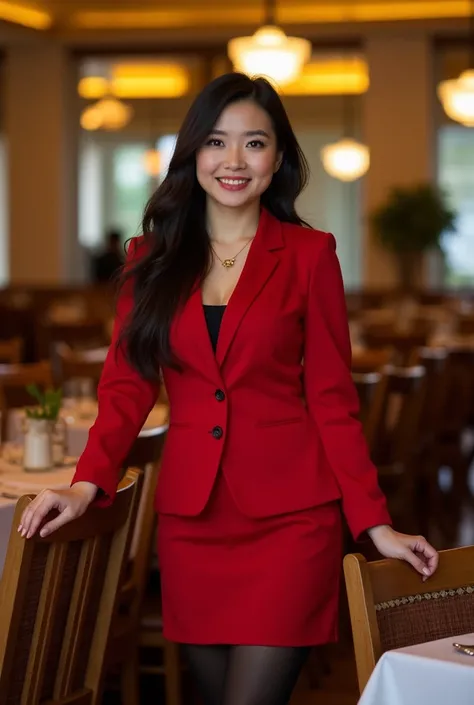 A 40-year-old Thai Chinese half-girl with good looks, a plump figure of about 65kg, long hair, wearing a red women's suit, black tights, smiling, wooden chair backrest handles in a European-style restaurant, yellow lighting atmosphere.