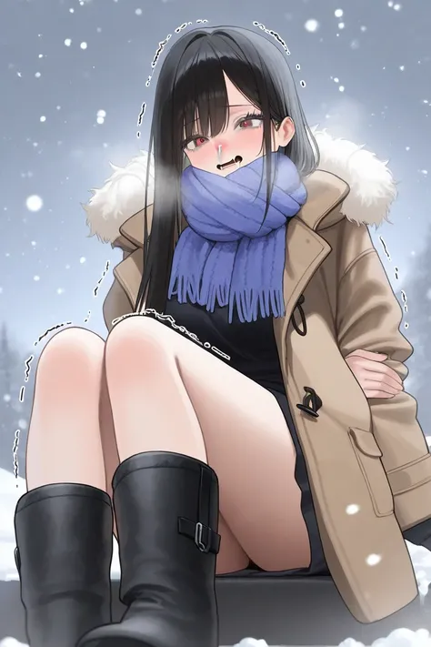  holding arms with a man、 long straight hair、 cute、Distorted mouth、snot、 beautiful eyes、A cold look、Frightened Eyes、 jerseys、 neck warmer、swelling、Layering、 adult woman、 black hair、White eyelashes、Face coverings、 multi-layered scarf、 Warm Winter Coats、 It'...