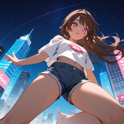 a detailed neco arc portrait, beautiful detailed eyes, beautiful detailed lips, extremely detailed face and skin, long brown hair, blue denim shorts, off-shoulder white t-shirt, one-leg standing pose, low angle view, bare feet, pink eyes, dark brown hair w...