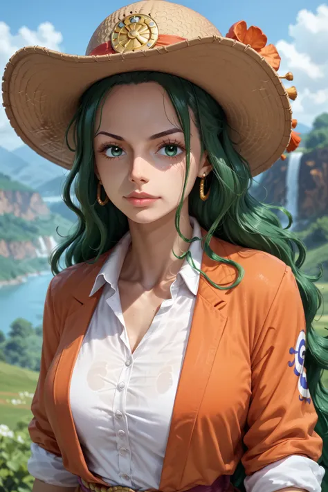  masterpiece,   rolled up ),  complex details ,  1 girl, woman,  green hair, Us \ (One Piece\), ( long hair), Shirt, white Shirt, weiblicher Fokus, Clothing,  orange kimono , sarashi, Natur, Landscape,  upper body, straw hat, ((Front view)) (( Close Up )) ...