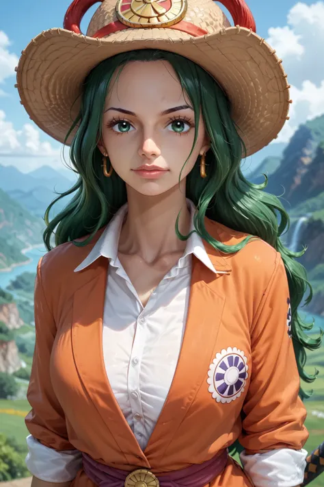  masterpiece,   rolled up ),  complex details ,  1 girl, woman,  green hair, Us \ (One Piece\), ( long hair), Shirt, white Shirt, weiblicher Fokus, Clothing,  orange kimono , sarashi, Natur, Landscape,  upper body, straw hat, ((Front view)) (( Close Up )) ...