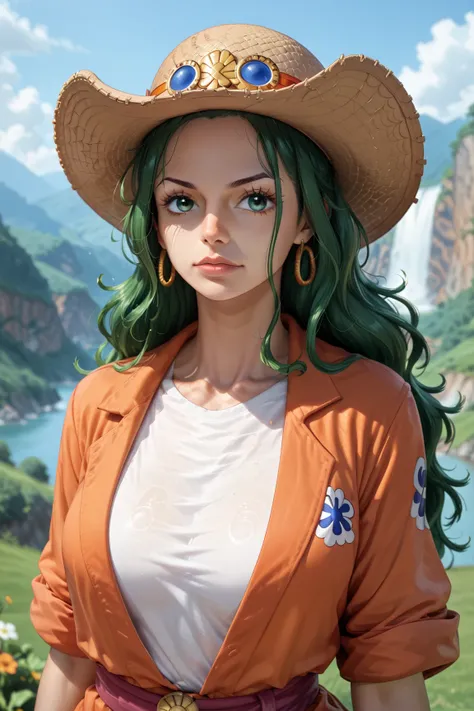  masterpiece,   rolled up ),  complex details ,  1 girl, woman,  green hair, Us \ (One Piece\), ( long hair), Shirt, white Shirt, weiblicher Fokus, Clothing,  orange kimono , sarashi, Natur, Landscape,  upper body, straw hat, ((Front view)) (( Close Up )) ...